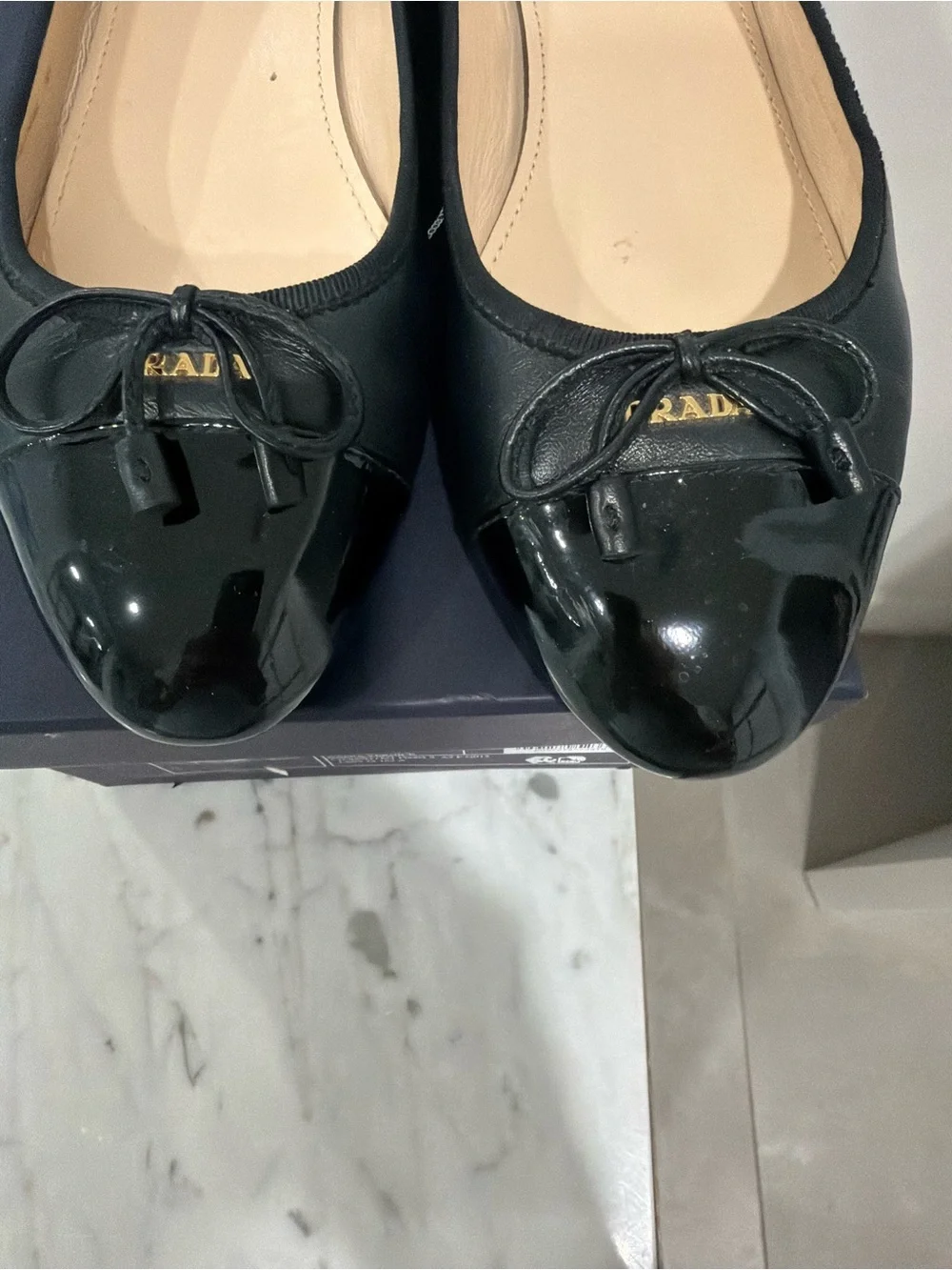 Prada Black Leather Ballet Flats with Patent Cap Toe - Picture 4 of 6
